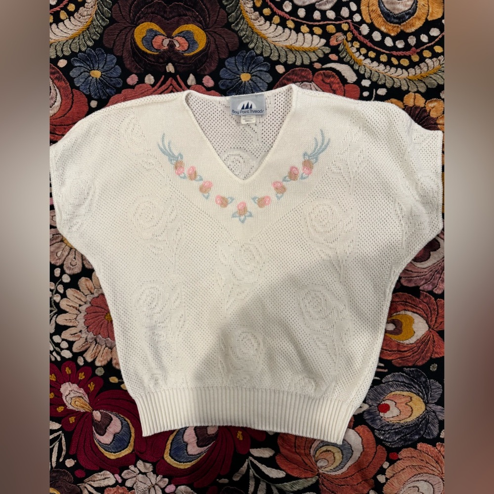 Vintage 90s Bay Point Threads Floral Embroidered Sweater S